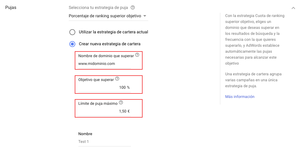 Estrategia de Puja de Porcentaje de Ranking Superior Objetivo 1