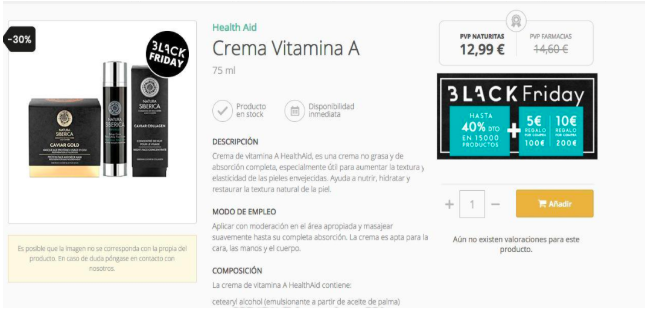 Google Shopping: ficha de producto de crema optimizada para el black friday con distintivos y la oferta