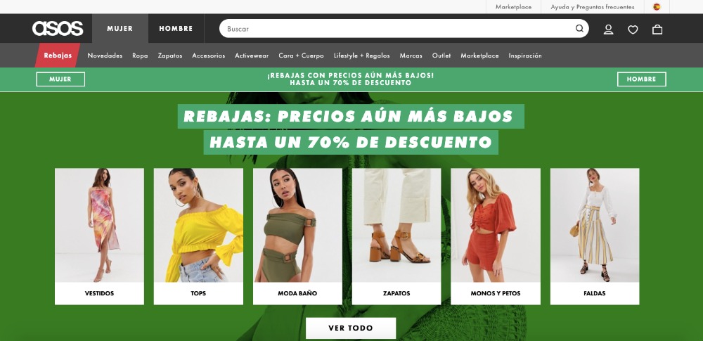 ux y rebajas - ejemplo Asos - rebajas color llamativo