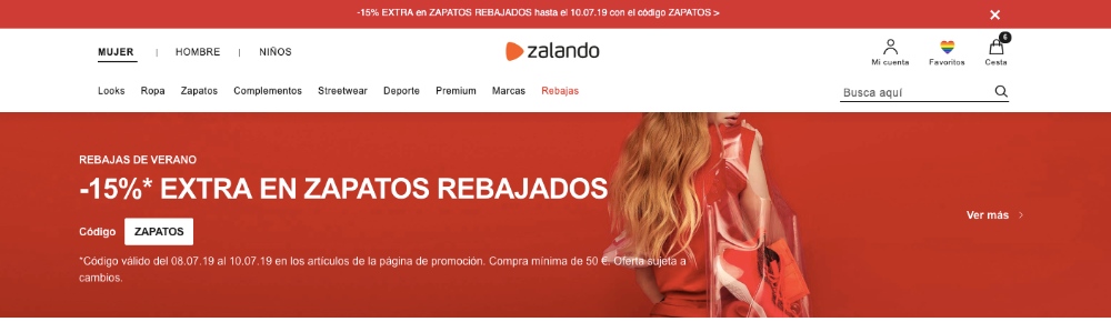 ux y rebajas ejemplo Zalando banner home rebajas extra zapatos