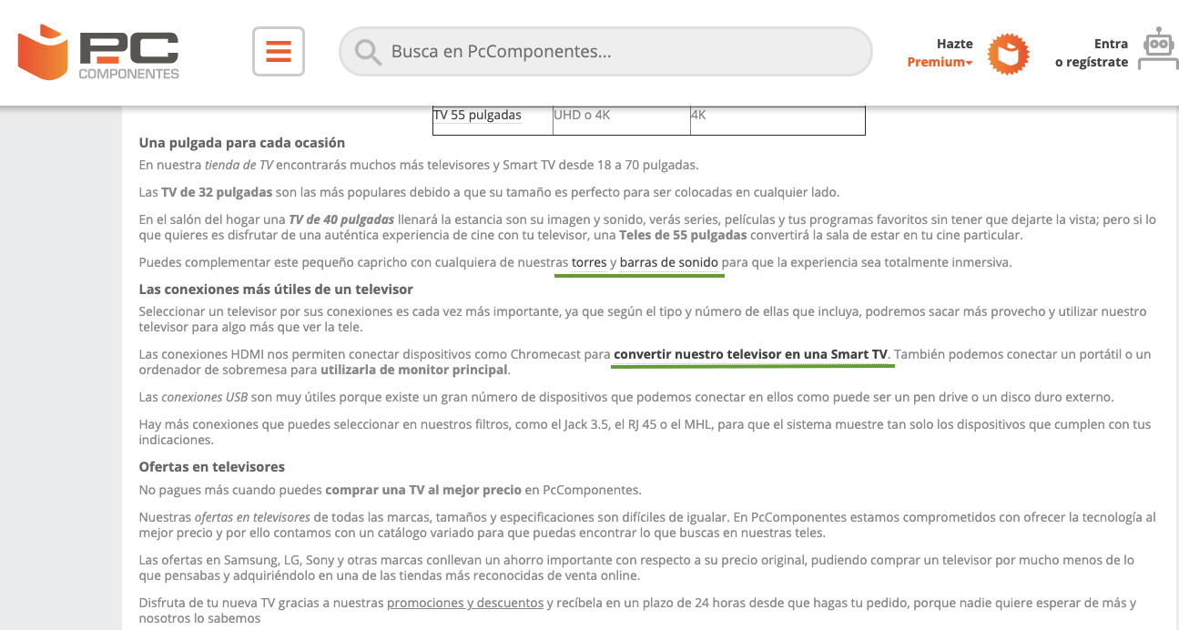 Contenido SEO: ejemplo links internos pc componentes