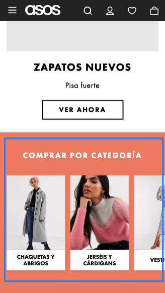 Diseño UX para menús web - ejemplo movil navigation hub asos