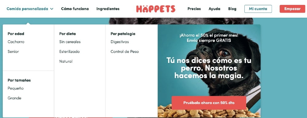 Diseño UX para menús web - ejemplo dropdown menu happets