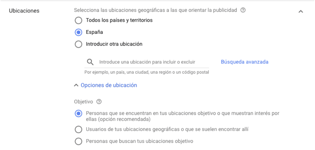 Mala configuración de las ubicaciones en campañas de Google Ads