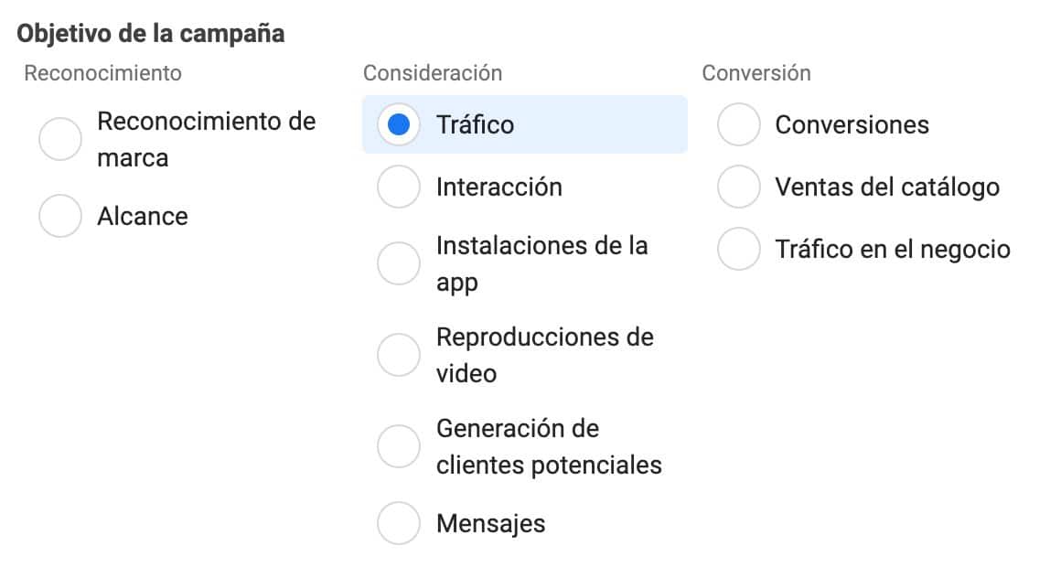 Tipos de objetivos para campañas de WhatsApp en Facebook
