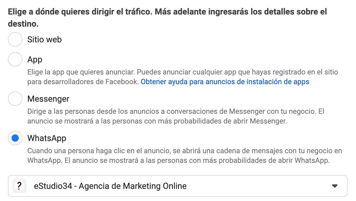Opciones para crear una campaña de WhatsApp